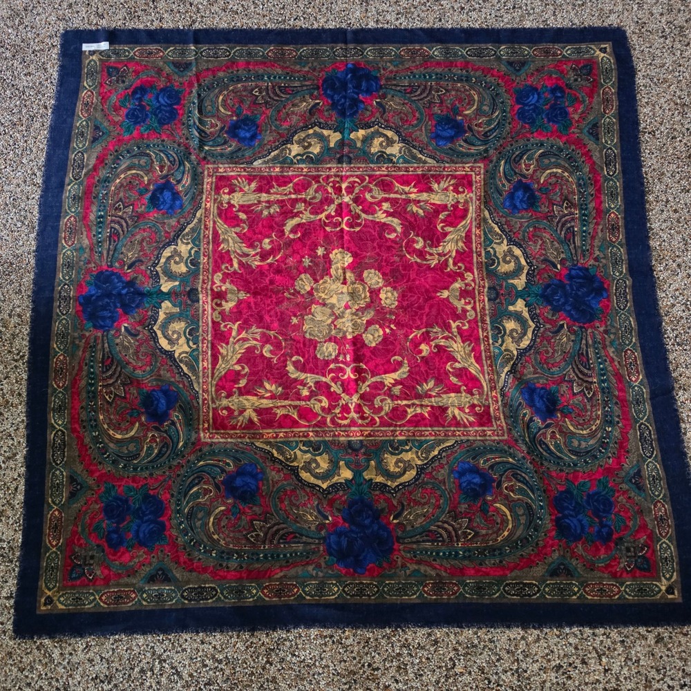 Vintage 100% Wool Square Scarf, Made in Italy, Fringed Shawl 46x46